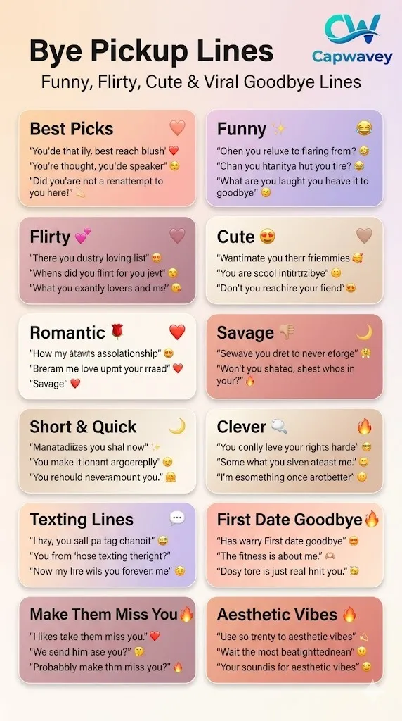 Bye, pickup lines infographic featuring funny, flirty, cute, romantic, and short goodbye lines for texting, dating, and social media in 2026.