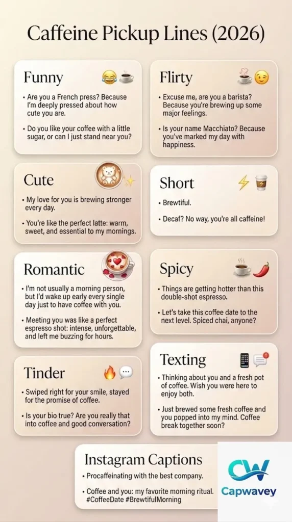 “Infographic showing 300+ caffeine pickup lines for coffee lovers, including funny, flirty, cute, romantic, and short coffee pickup lines for Instagram, Tinder, and texting in 2026.”