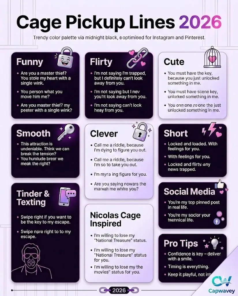 Cage pickup lines 2026 infographic featuring funny, flirty, cute, smooth, and clever rizz lines for Tinder, texting, and social media with lock and key theme design.