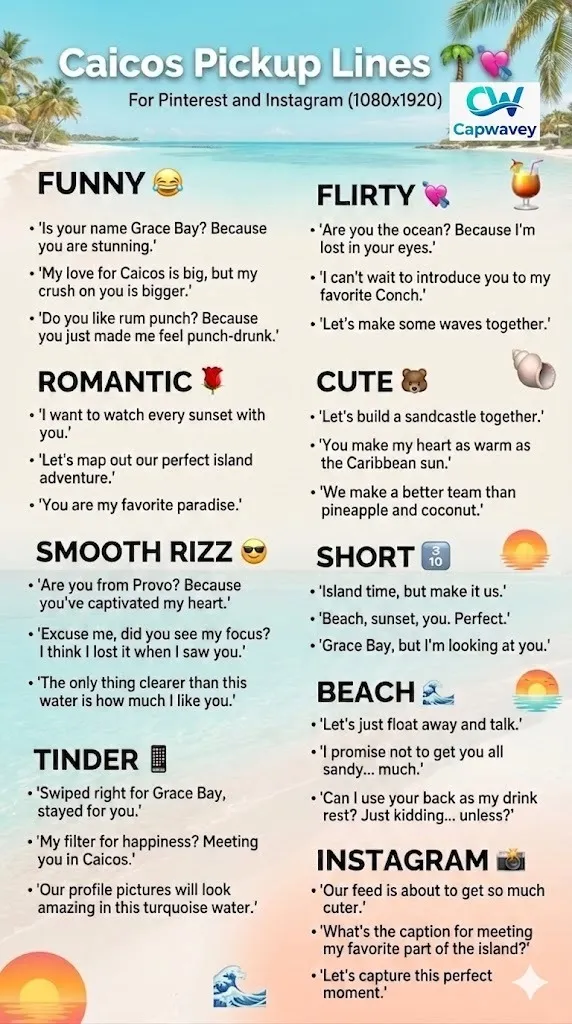 Caicos pickup lines infographic with funny, flirty, romantic, and beach-themed pickup lines in a tropical island design with ocean, palm trees, and sunset colors.