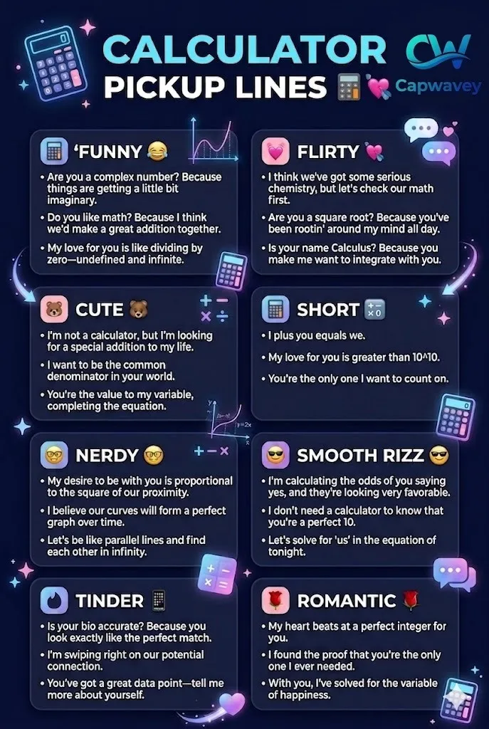 Calculator pickup lines infographic featuring funny, flirty, cute, nerdy, and romantic math-based rizz lines for Tinder, texting, and social media flirting.