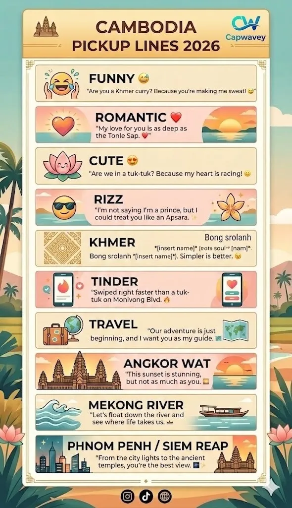 Cambodia pickup lines infographic featuring funny, romantic, Khmer, Tinder, and travel-themed lines inspired by Angkor Wat, Mekong River, Phnom Penh, and Siem Reap.