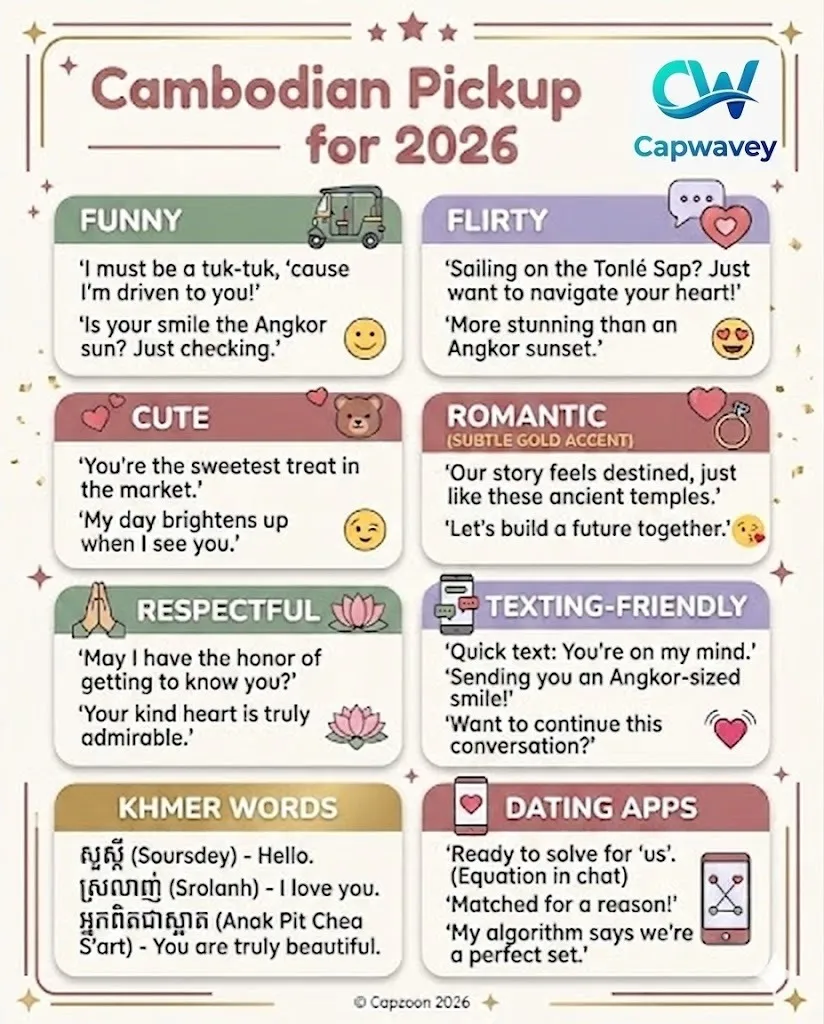 Infographic showing 225+ Cambodian pickup lines for 2026, organized into categories like Funny, Flirty, Cute, Romantic, Respectful, and Dating App lines, with playful icons and a warm, modern design.
