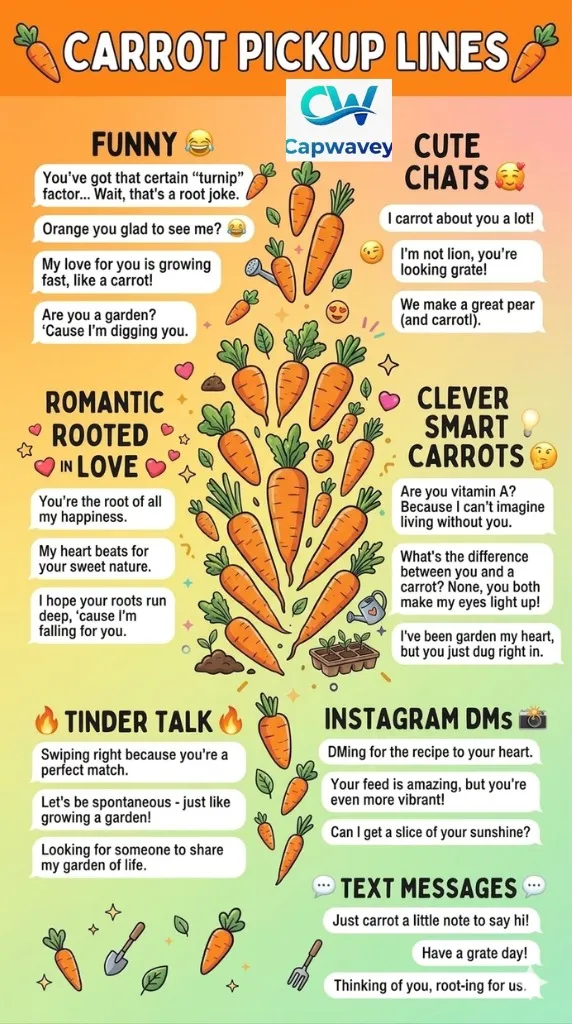 “Vertical infographic showing 300+ funny, cute, romantic, and clever carrot pickup lines with colorful chat bubbles, carrot icons, and playful gradient background, designed for social media and dating apps.”