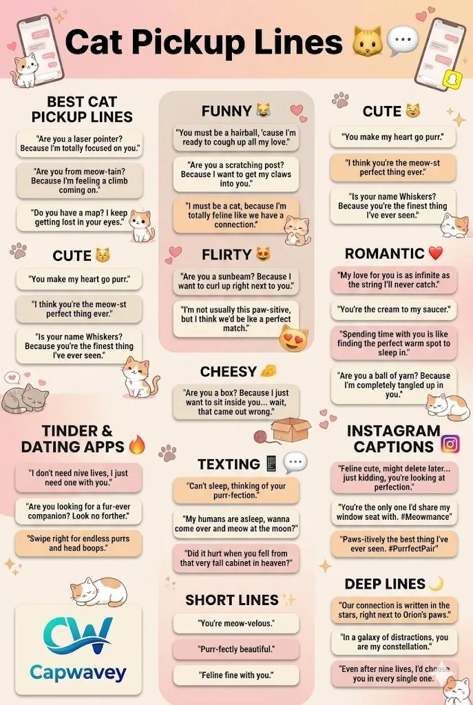 Cat pickup lines infographic featuring funny, cute, flirty, and romantic feline-themed lines for Tinder, texting, and Instagram in 2026.