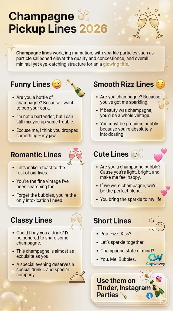 Champagne pickup lines infographic 2026 featuring 225+ funny, smooth, and classy rizz lines for Tinder, dating apps, and social media flirting.