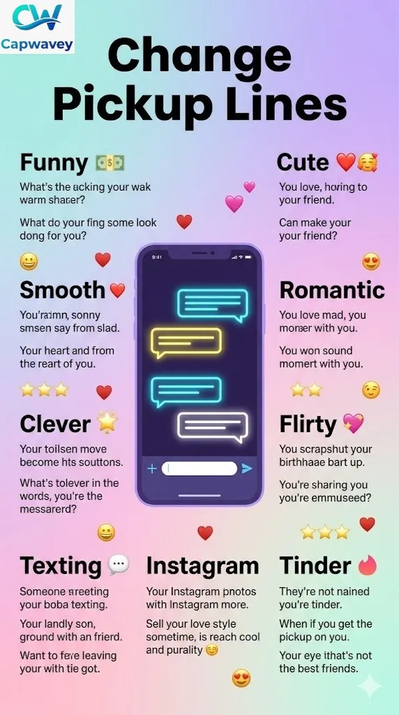 Infographic showing 300+ change pickup lines categorized by style—funny, cute, smooth, romantic, clever, flirty, and for social media platforms like Instagram and Tinder—on a colorful vertical gradient background with a smartphone chat illustration.