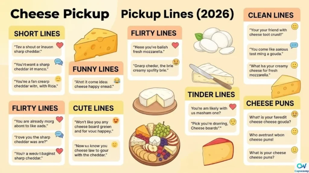 Cheese pickup lines infographic showing funny, flirty, clean, and cute lines for texting, Tinder, and social media in 2026.