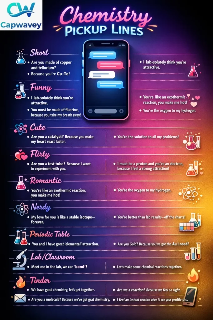 “Infographic showing 300+ chemistry pickup lines organized by categories like Short, Funny, Cute, Flirty, Romantic, Nerdy, Periodic Table, Lab/Classroom, Tinder, DMs, and Texting, with colorful chat bubbles, chemistry icons, and a gradient background.”