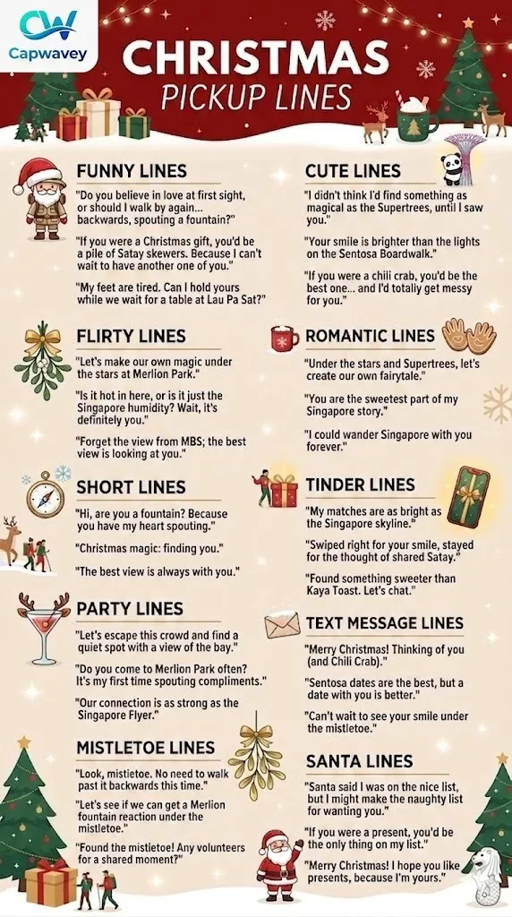 Christmas pickup lines infographic featuring 225+ funny, cute, flirty, romantic, and clean holiday pickup lines for Tinder, texts, parties, and festive conversations in 2026.