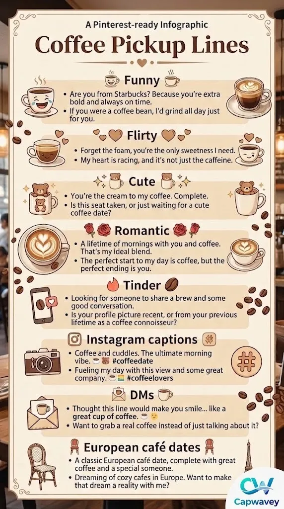 "Infographic showcasing 300+ coffee pickup lines for cafés, Tinder, DMs, and Instagram captions. Includes funny, flirty, cute, romantic, and European café style lines for 2026."