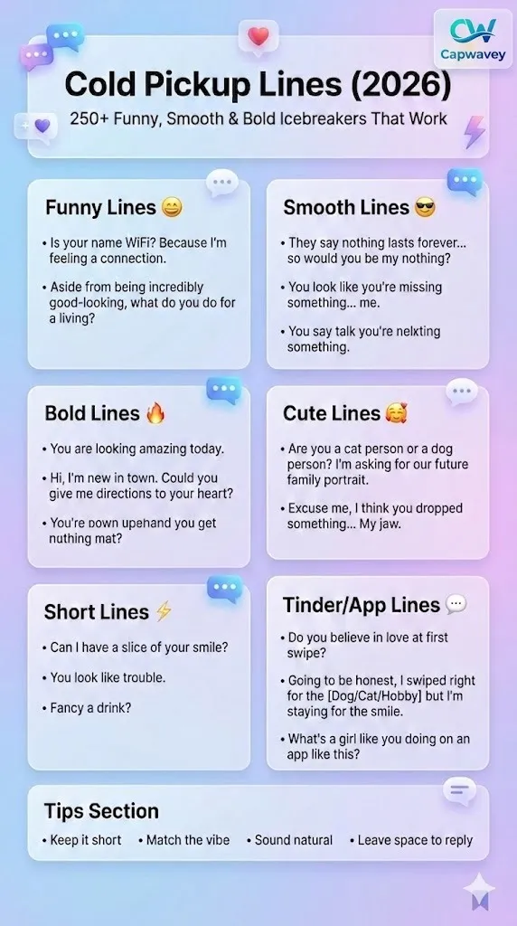 Cold pickup lines infographic showing funny, smooth, bold, cute, and short icebreakers for Tinder, texting, and real-life conversations in 2026.