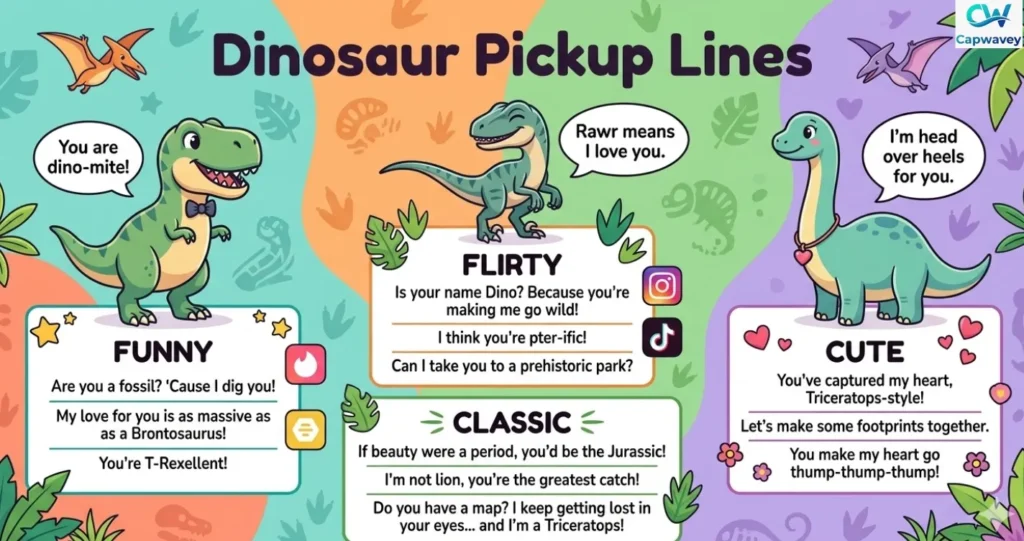 Infographic of dinosaur-themed pickup lines, including funny, flirty, cute, and classic styles for Tinder, Instagram, TikTok, and Bumble with playful cartoon dinosaurs and speech bubbles.