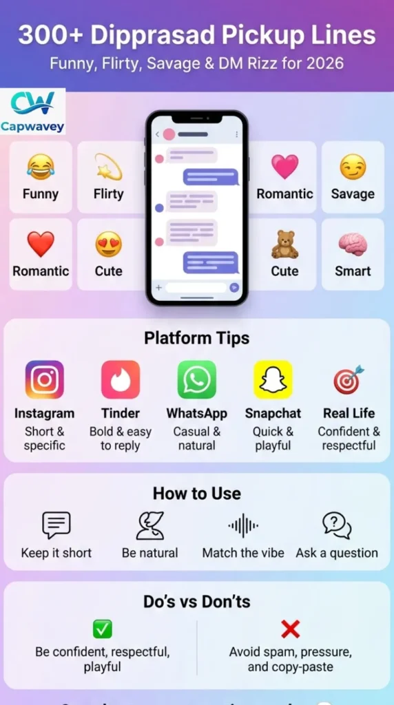 Dipprasad pickup lines infographic showing 300+ funny, flirty, romantic, and savage rizz lines with platform tips for Instagram, Tinder, WhatsApp, and Snapchat in 2026.