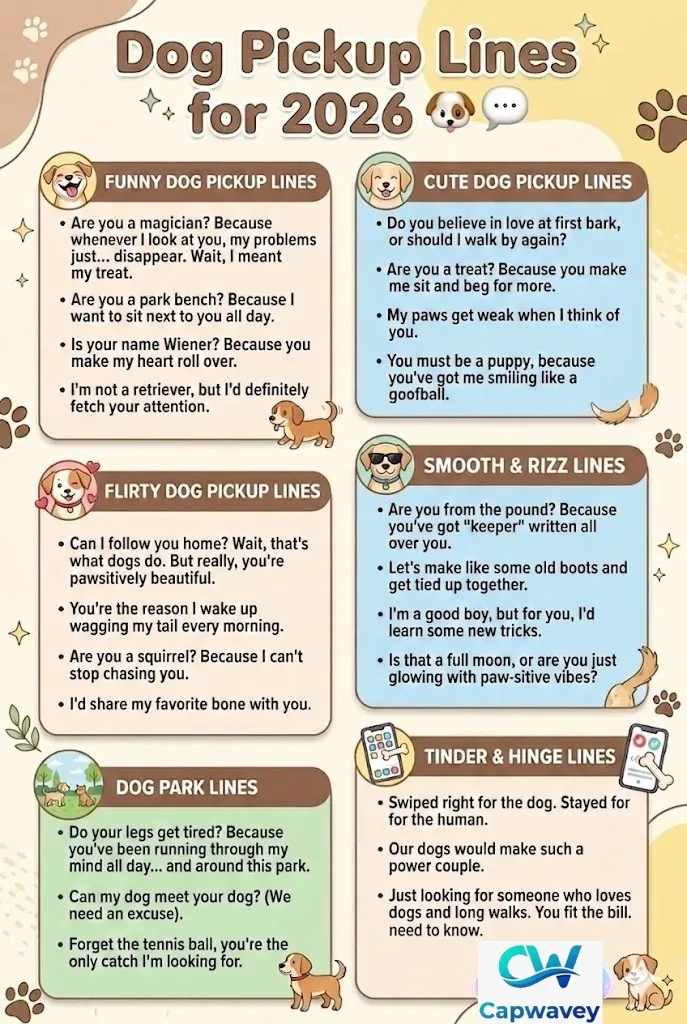Dog pickup lines infographic featuring funny, cute, flirty, and smooth dog-themed pickup lines for Tinder, Hinge, and dog lovers in 2026.