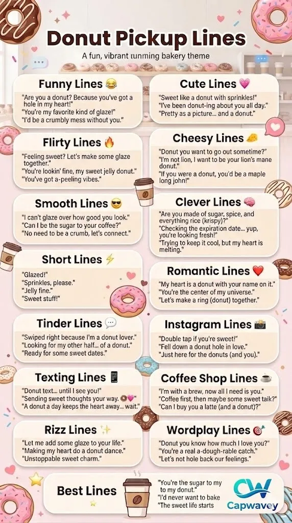 300+ donut pickup lines infographic featuring funny, cute, flirty, and Tinder-ready lines for texting, Instagram, and coffee shop conversations.