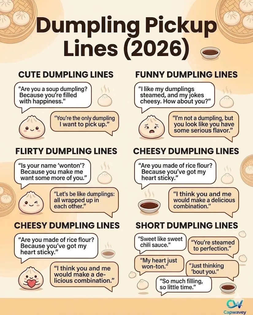 Infographic showing dumpling pickup lines for 2026, featuring cute, funny, flirty, cheesy, and short food-inspired romantic conversation starters for Tinder, Instagram captions, and social media use.