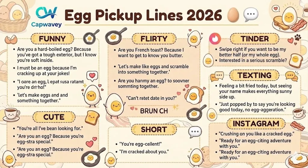 Infographic showing “250+ Egg Pickup Lines That Actually Work in 2026” with playful cartoon eggs, brunch icons, and categories like Funny, Flirty, Cute, Short, Tinder, Texting, and Instagram.