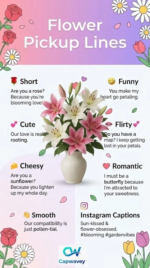 Vertical infographic showing “Flower Pickup Lines: 300+ Funny, Romantic & Cute Lines for 2026” with a smartphone chat interface and pastel flower illustrations, organized into sections like Funny, Romantic, Cute, Flirty, Cheesy, and Instagram captions.