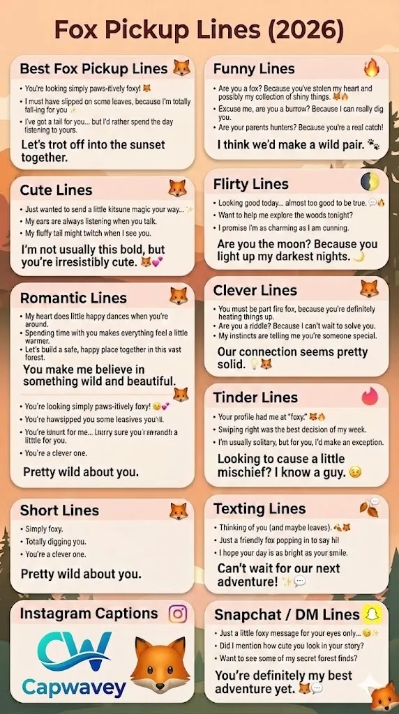 Fox Pickup Lines 2026 infographic featuring 300+ funny, cute, flirty, and clever fox rizz lines for Tinder, texting, Instagram captions, and DMs.