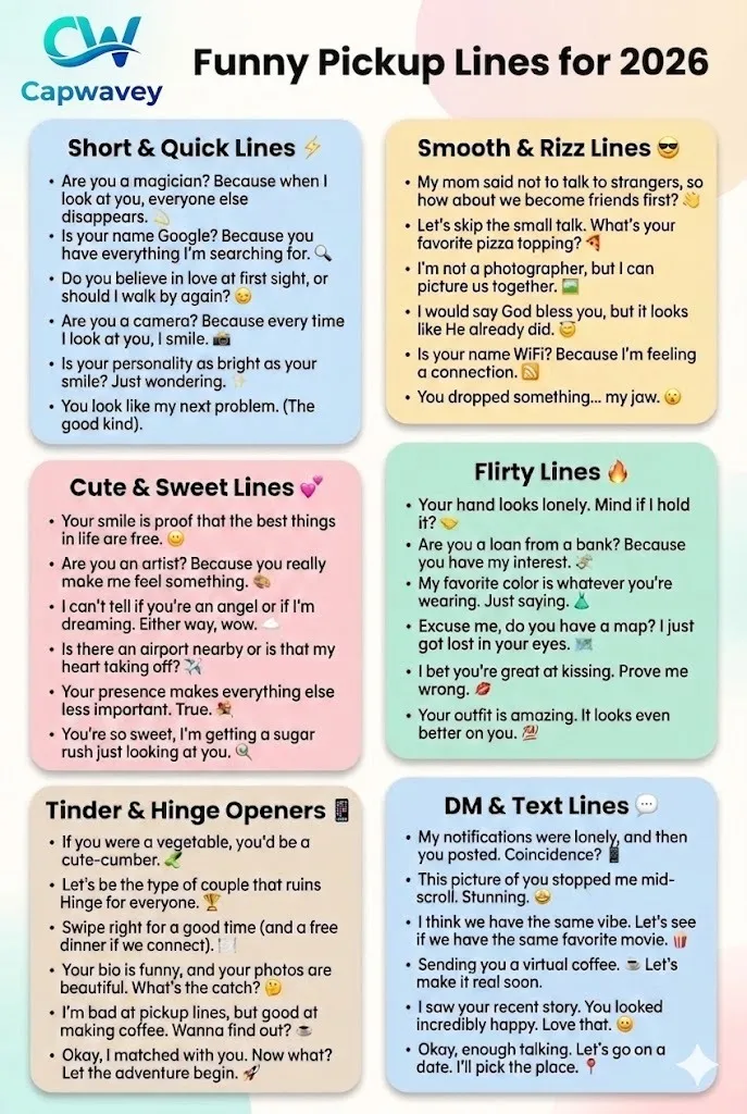 Funny pickup lines infographic for 2026 featuring short, smooth, cute, flirty, and Tinder opener examples for modern dating conversations.