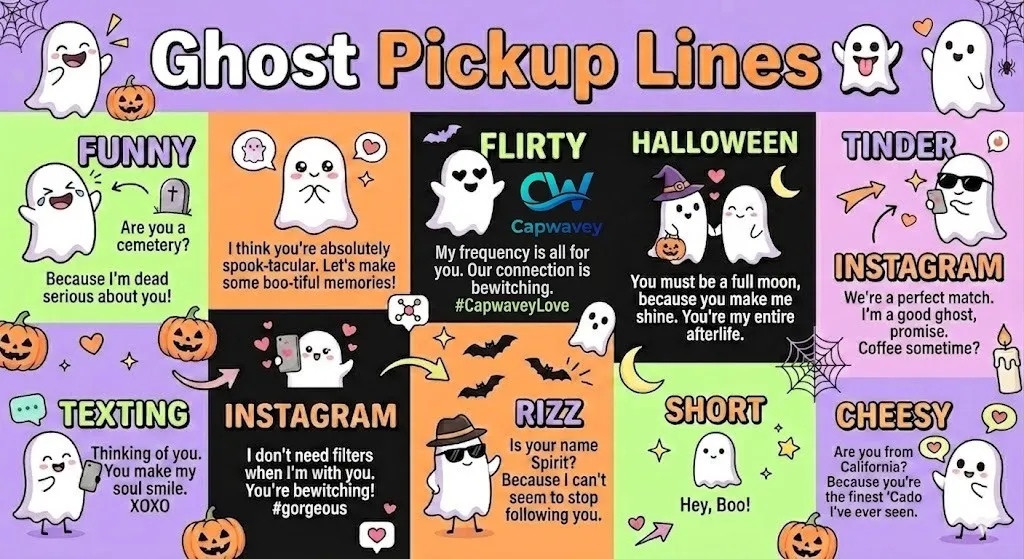"Colorful infographic with 300+ ghost pickup lines divided into categories like Funny, Cute, Flirty, Halloween, Tinder, Instagram, and Texting, featuring cartoon ghosts, pumpkins, bats, and playful Halloween visuals."