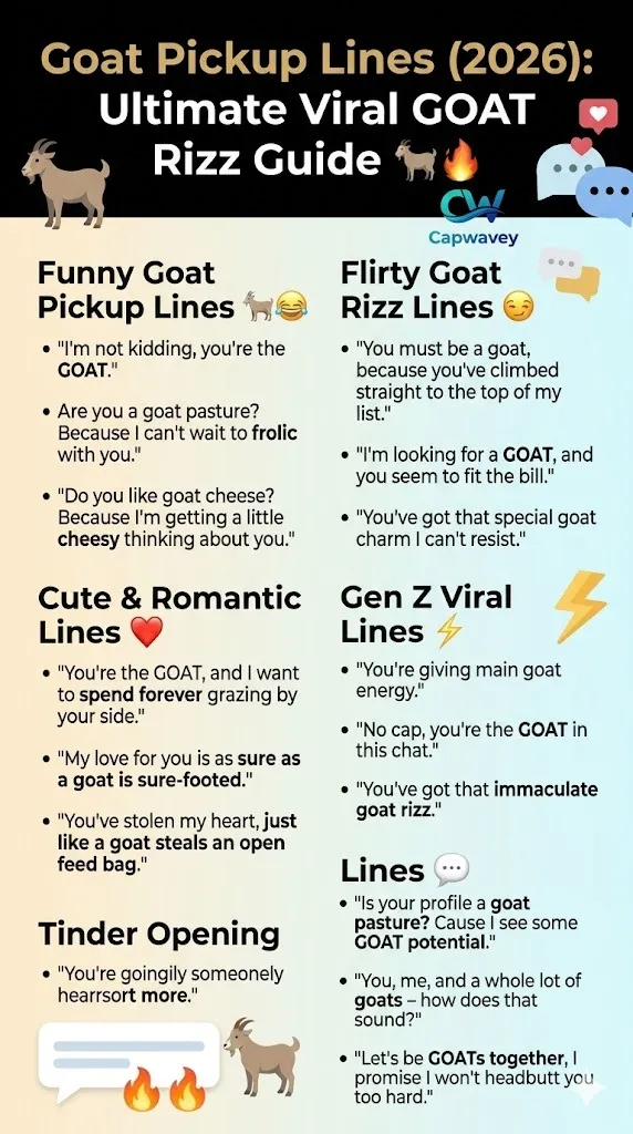 Goat Pickup Lines 2026 infographic showing funny, flirty, cute, and viral GOAT rizz lines for Tinder, Instagram, and Gen Z dating conversations in a modern aesthetic design.