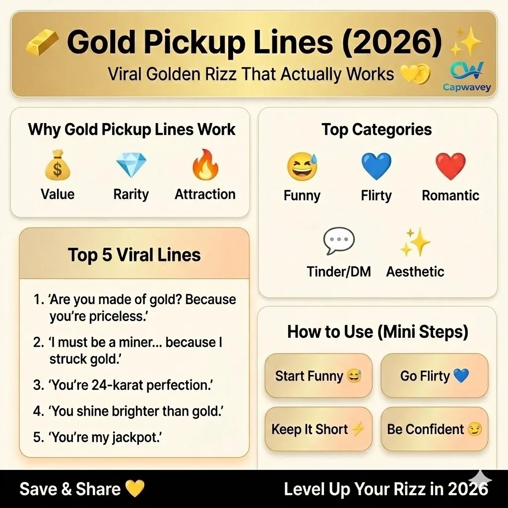 Gold Pickup Lines 2026 infographic showing funny, flirty, romantic, and Tinder-ready golden rizz lines with tips on how to use them in modern dating.