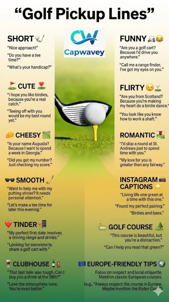 Infographic showing 300+ golf pickup lines divided into categories like Funny, Cute, Flirty, Cheesy, Romantic, Smooth, Instagram Captions, Tinder, Clubhouse, and Europe-friendly tips, with colorful chat bubbles, golf icons, and a gradient green-yellow background.