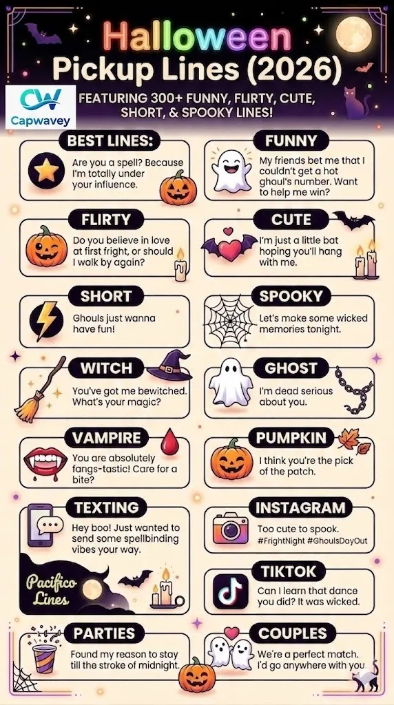 Halloween pickup lines infographic featuring 300+ funny, flirty, cute, spooky, and short lines for texting, Instagram, TikTok, and Halloween parties.