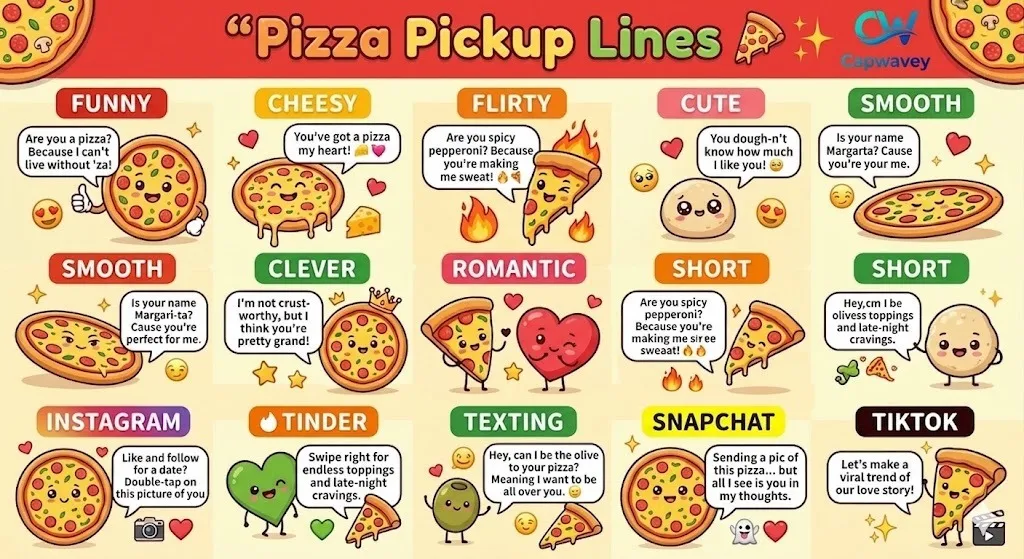 Infographic showing 300+ pizza pickup lines divided into categories like funny, cute, flirty, and clever, with colorful cartoon pizzas and playful designs.