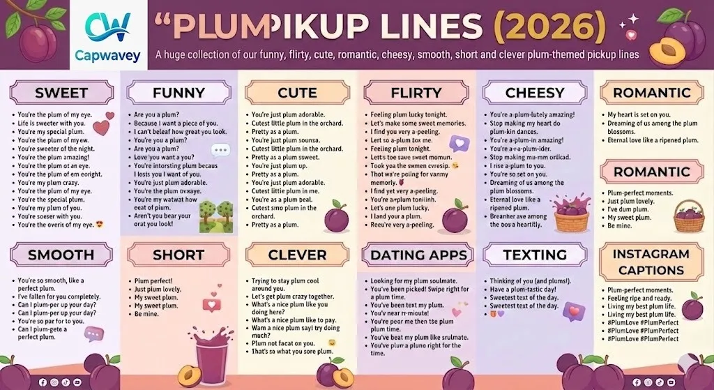 Plum pickup lines infographic featuring sweet, funny, flirty, cute, and romantic fruit-themed lines for dating apps, texting, and Instagram captions.
