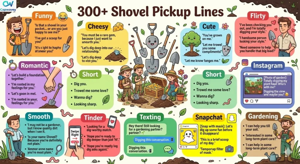 "Colorful infographic showing 300+ shovel-themed pickup lines organized into categories like Funny, Cheesy, Flirty, Cute, Romantic, and Social Media use, with playful shovel, treasure, and gardening illustrations."