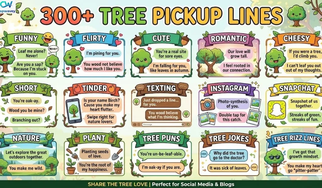 "Infographic of 300+ tree pickup lines categorized into funny, flirty, cute, romantic, cheesy, short, Tinder, texting, Instagram, Snapchat, nature, plant, tree puns, tree jokes, and tree rizz lines with playful tree icons."