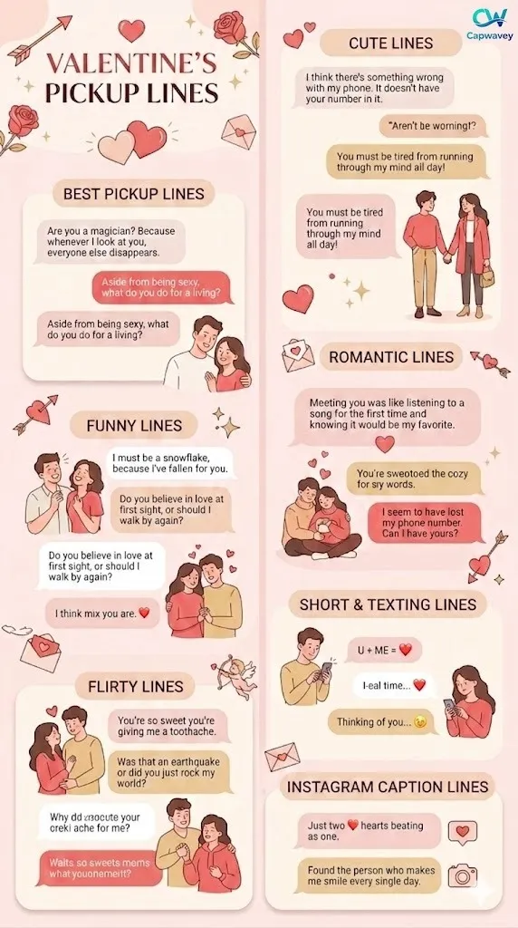 Valentine’s Pickup Lines 2026 infographic featuring funny, cute, romantic, and flirty lines for texting, dating apps, and Instagram captions.