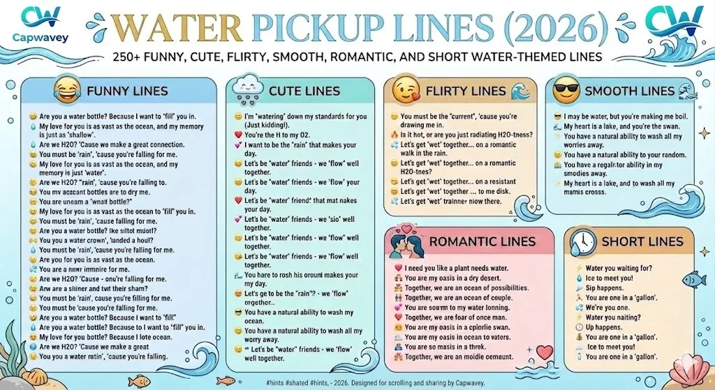 Colorful infographic displaying 250+ water-themed pickup lines for 2026, organized into categories like Funny, Cute, Flirty, Smooth, Romantic, and Short, with waves, raindrops, and ocean-themed icons.