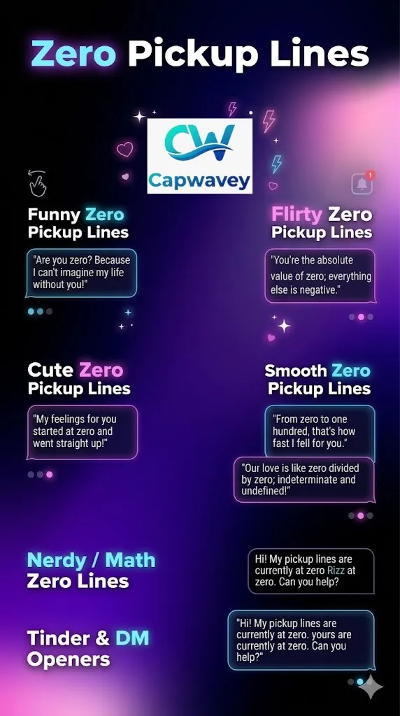 Zero pickup lines infographic featuring funny, flirty, and cute 0 rizz lines for Tinder, Instagram DMs, and texting conversations.