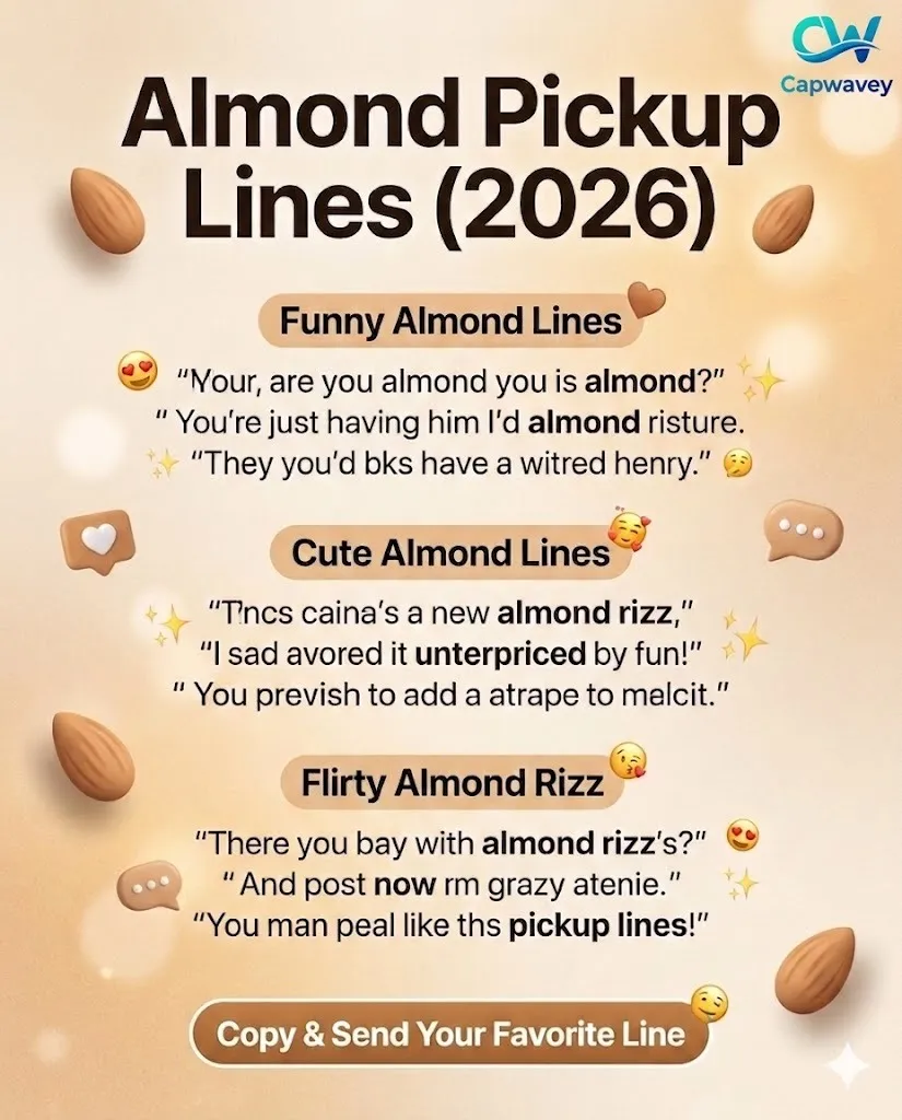 Almond pickup lines infographic featuring funny, cute, and flirty almond rizz lines in a modern Instagram-style design with soft gradient background and snack-themed visuals.