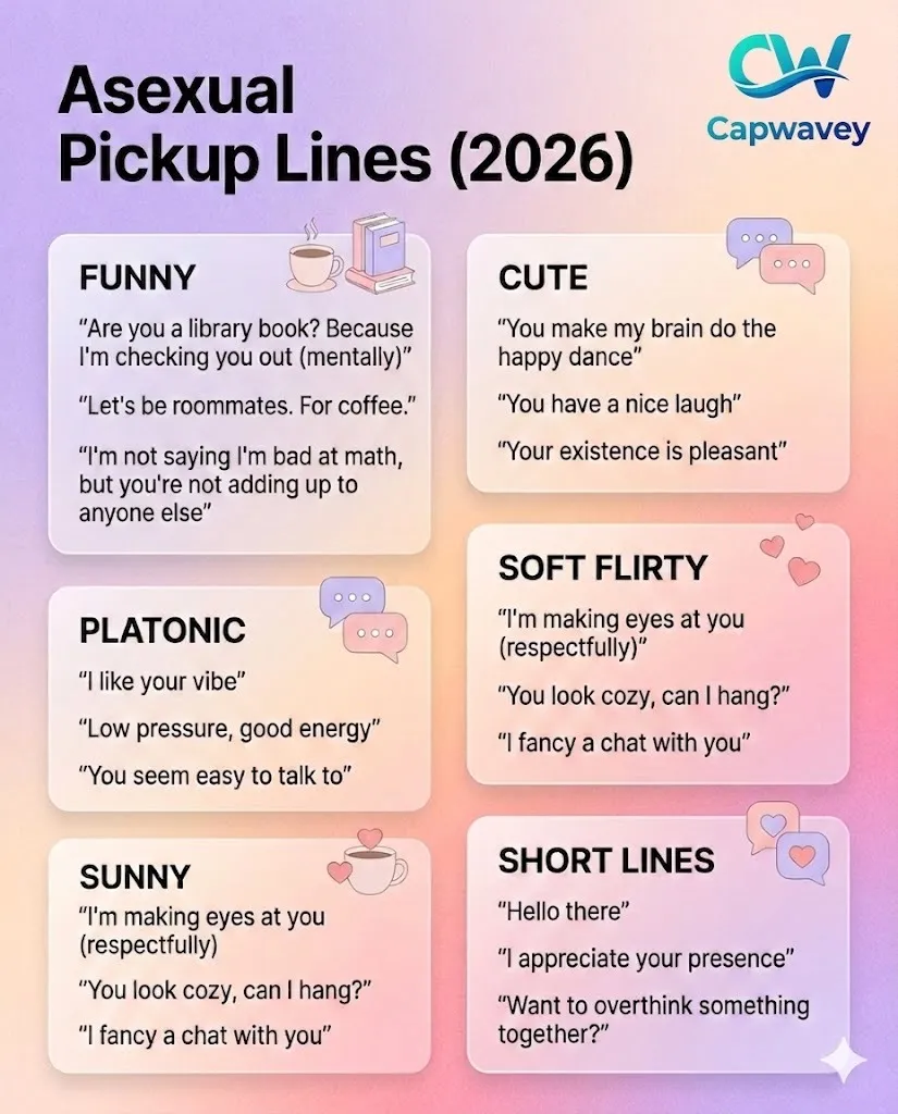 Aesthetic infographic showing asexual pickup lines, including funny, cute, platonic, and respectful conversation starters in a soft pastel design.