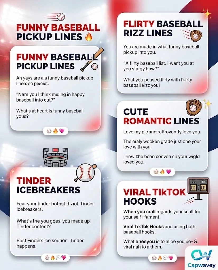 Baseball pickup lines infographic 2026 featuring funny, flirty, cute, and viral rizz lines for Tinder, Instagram, and TikTok dating conversations in a modern Gen Z design style.