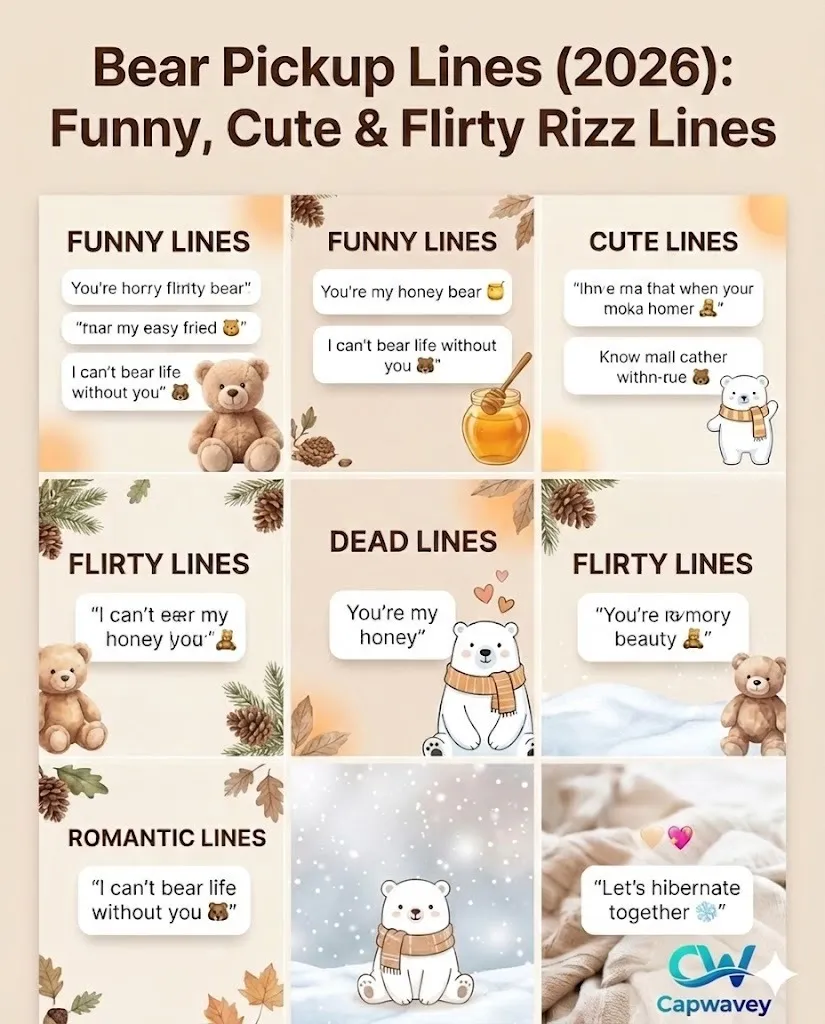 Bear Pickup Lines 2026 infographic featuring funny, cute, and flirty rizz lines with cozy teddy bear illustrations, honey themes, and winter aesthetic design for Instagram and TikTok dating content.
