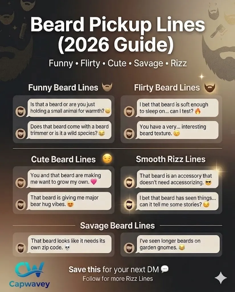 Beard pickup lines infographic showing funny, flirty, cute, savage, and smooth rizz lines for 2026. A modern social media design guide for Tinder, Bumble, Hinge, and Instagram captions.
