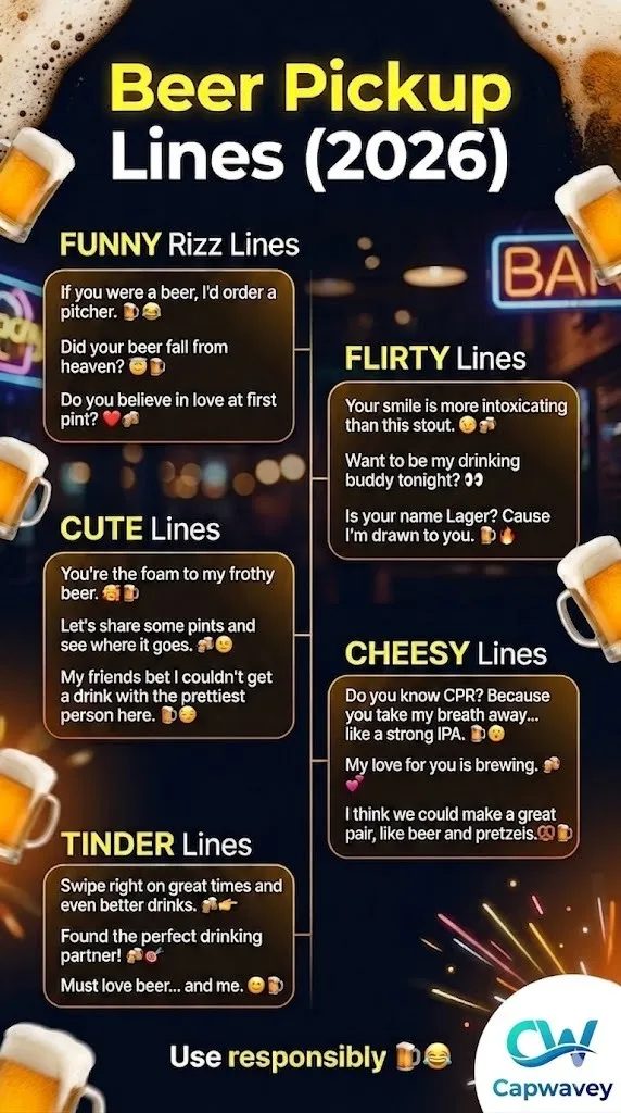 Beer pickup lines infographic 2026 featuring funny, flirty, cute, and cheesy rizz lines for Tinder, bars and parties with modern neon nightlife design and beer-themed visuals.