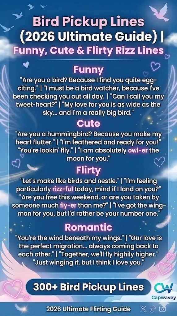 Infographic showing bird pickup lines for 2026, including funny, cute, flirty, and romantic rizz lines with a modern aesthetic sky-themed design and social media style layout.