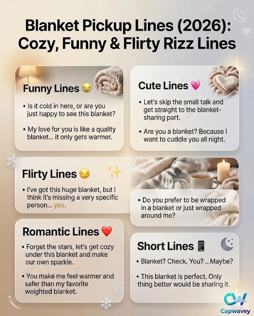 Blanket pickup lines infographic featuring cozy, funny, flirty, and romantic rizz lines for Instagram, TikTok, and DMs in a warm aesthetic design.