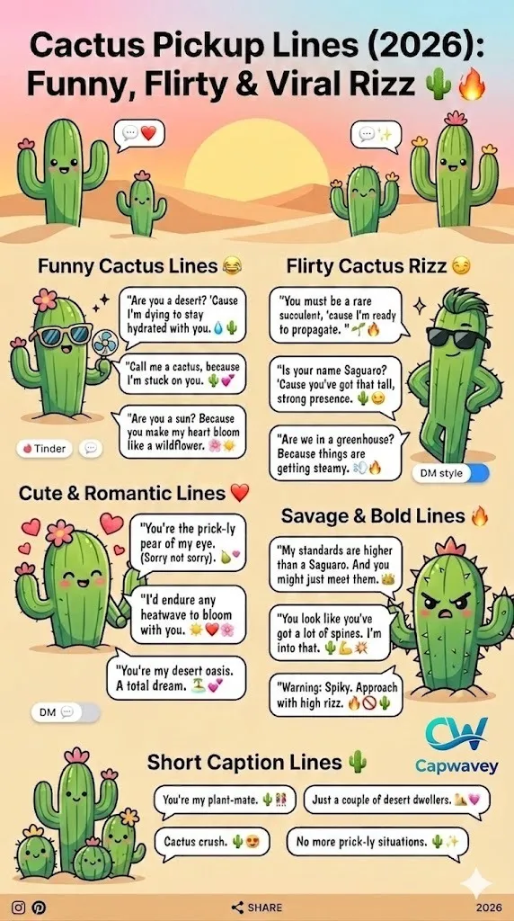 Cactus pickup lines infographic featuring funny, flirty, romantic, and savage rizz lines with cute cartoon cacti in a colorful desert theme.