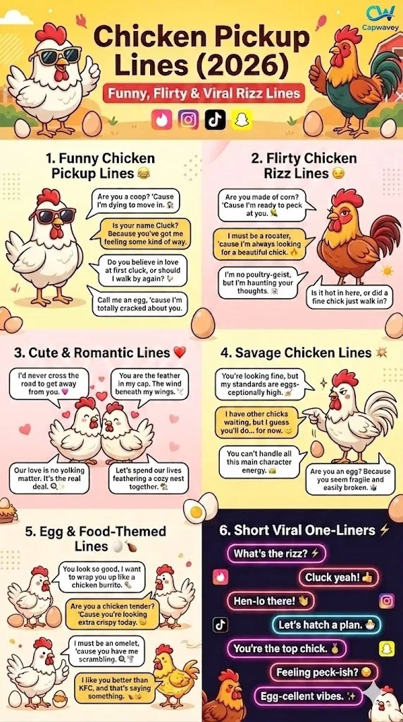 Chicken Pickup Lines 2026 infographic showing funny, flirty, cute, savage, egg, and viral chicken rizz lines for Tinder, Instagram, and social media captions.