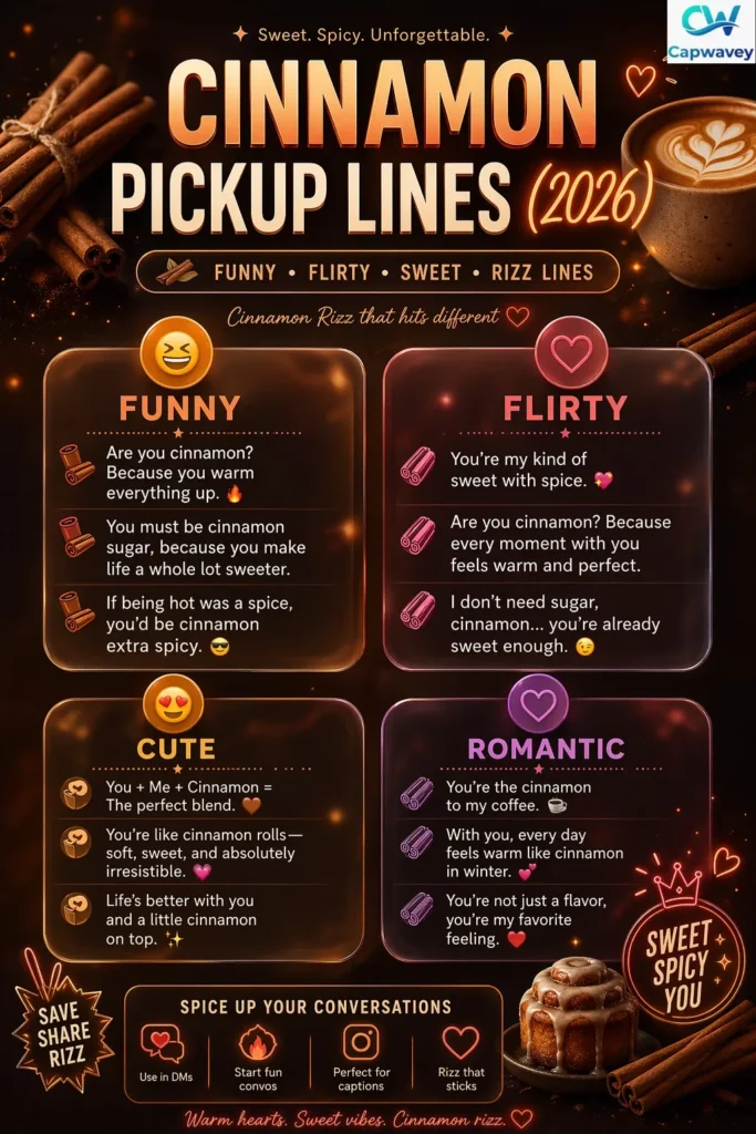 Premium Instagram infographic showing “Cinnamon Pickup Lines (2026)” with funny, flirty, and sweet rizz lines in a modern dark aesthetic design featuring cinnamon-themed visuals, coffee, and cozy romantic vibes.