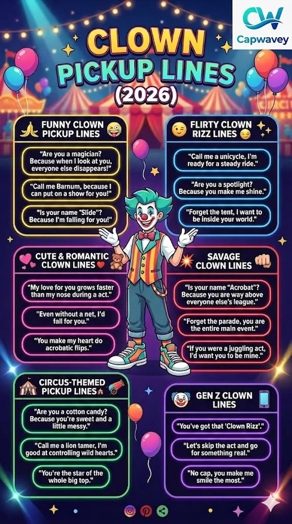 Clown Pickup Lines infographic showing funny, flirty, cute, savage, and circus-themed rizz lines in a colorful 2026 carnival-style design.