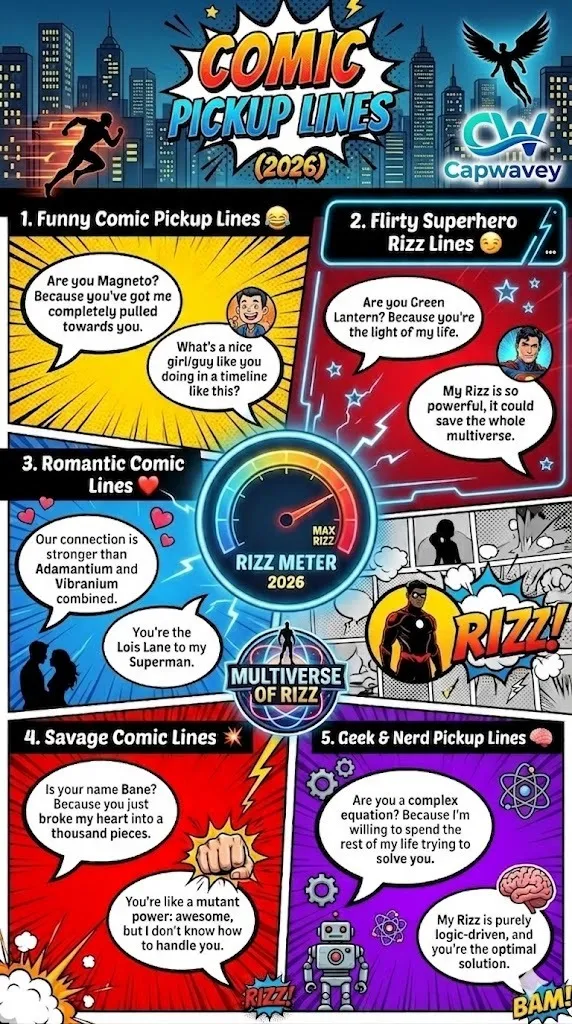 Comic Pickup Lines 2026 infographic showing funny, flirty, romantic, savage, and geek superhero rizz lines inspired by Marvel and DC culture in a colorful comic-style design.